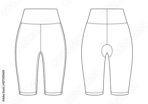 Vector fashion technical drawing of a short leggings with front and back view. Lock stitch details. Polyester fabric.