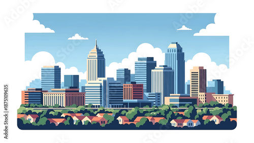 Flat vector illustration of a Columbus-inspired city view with modern mid-rise buildings, balanced urban layout and calm atmosphere using clean solid flat colors