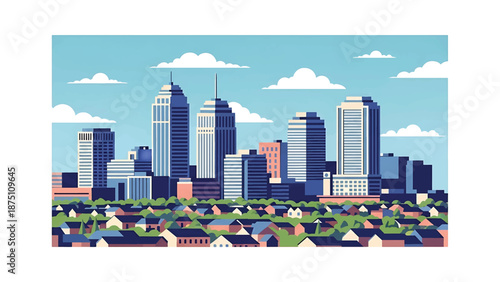 Flat vector illustration of a Columbus-inspired city view with modern mid-rise buildings, balanced urban layout and calm atmosphere using clean solid flat colors
