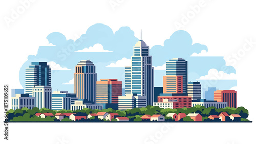 Flat vector illustration of a Columbus-inspired city view with modern mid-rise buildings, balanced urban layout and calm atmosphere using clean solid flat colors