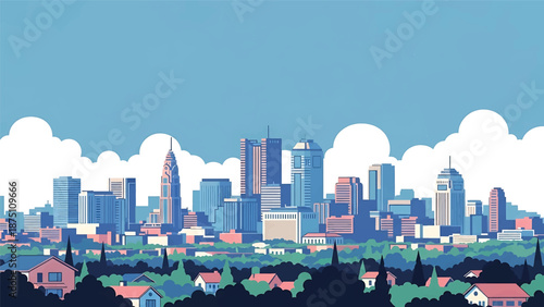 Flat vector illustration of a Columbus-inspired city view with modern mid-rise buildings, balanced urban layout and calm atmosphere using clean solid flat colors