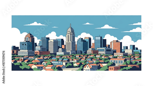 Flat vector illustration of a Columbus-inspired city view with modern mid-rise buildings, balanced urban layout and calm atmosphere using clean solid flat colors