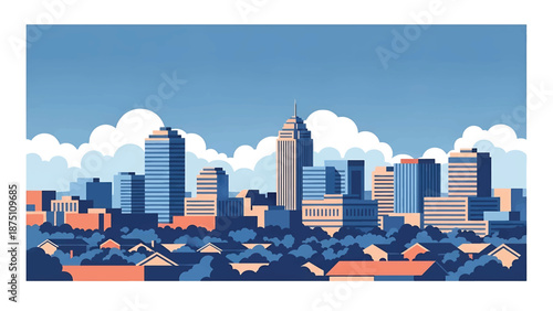 Flat vector illustration of a Columbus-inspired city view with modern mid-rise buildings, balanced urban layout and calm atmosphere using clean solid flat colors