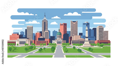 Flat vector illustration of an Indianapolis-style skyline with clean urban blocks, wide streets and green spaces, rendered in solid flat vector style for travel visuals