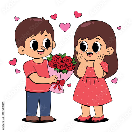 Boy Giving Bouquet to Happy Girl