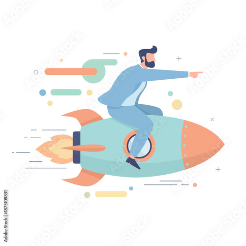 Professional businessman riding a rocket, pointing forward. Symbolizing business growth, career ambition, start up, fast progress and leadership in a competitive market. Flat vector illustration.