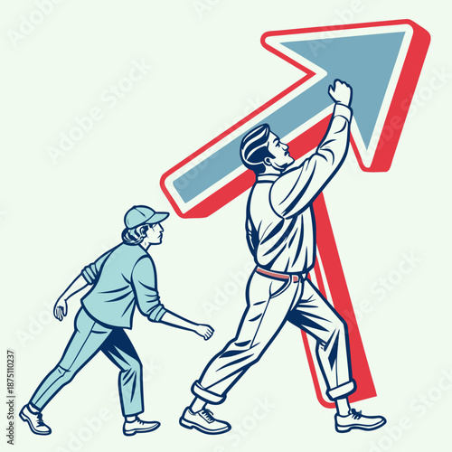 Vintage illustration depicts two determined individuals climbing a large upward trending arrow symbolizing career advancement teamwork and reaching new business goals together