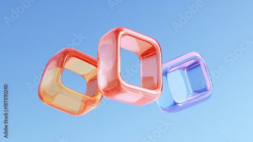 Three translucent, curved cubes in vibrant shades against a bright, gradient blue sky backdrop
