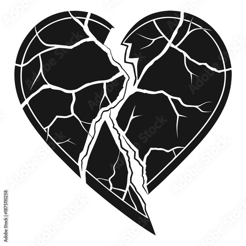Dramatic black and white vector illustration depicting a deeply fractured heart shape completely shattered by severe emotional distress or heartbreak symbolising pain.
