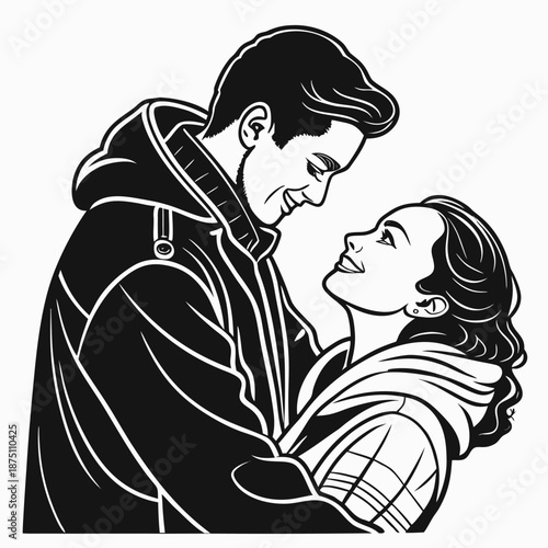 Romantic black and white illustration captures a loving couple gazing deeply into each other's eyes while embracing warmly wearing heavy winter coats.