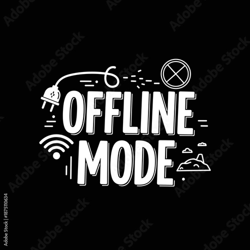Offline Mode Creative Typography Design with Disconnected Icons.