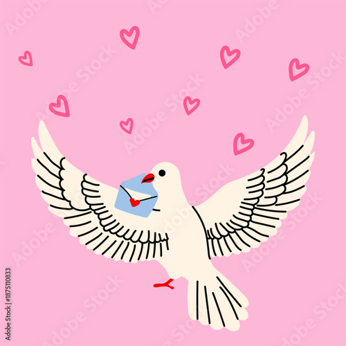 Cute Dove with Love Letter and Heart Symbols