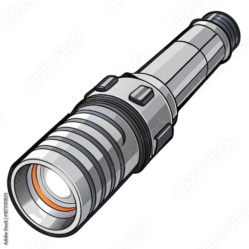 A detailed illustration of a modern gray flashlight for various lighting needs and emergencies