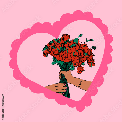 Hands Holding Bouquet of Roses in Heart Shaped Frame