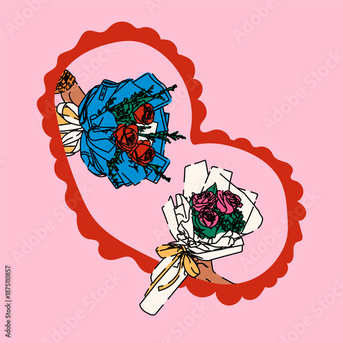 Hands Holding Bouquets of Roses Framed in Heart Shape