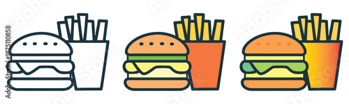 A collection of hamburger and french fries icons in outline and colorful flat designs