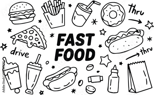 food fast food menu elements burger fries pizza donut icons