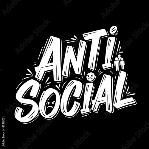 Anti Social text design with distressed texture and small icons.