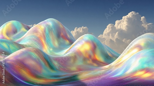 Artistic depiction of undulating, iridescent, abstract terrain under a cloudy blue sky