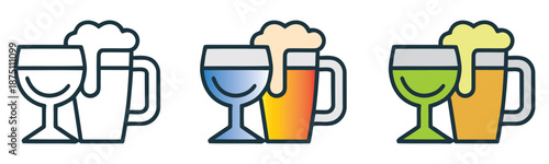 Collection of beer mug and wine glass icons in outline and colorful styles