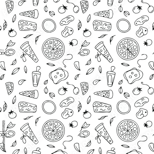 pizza seamless black and white line art food pattern repeat