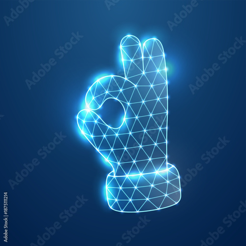 OK hand gesture in digital glowing polygon mesh. Futuristic neon design of approval or perfection sign for virtual interfaces