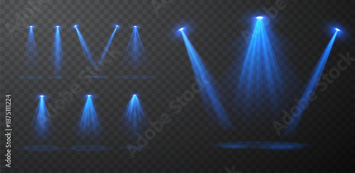 Set of realistic blue spotlight beams isolated on transparent vector background, stage lighting effects with glow and light rays for concert, show, presentation, cinema, event design composition.