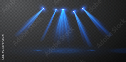 Set of realistic blue spotlight beams isolated on transparent vector background, stage lighting effects with glow and light rays for concert, show, presentation, cinema, event design composition.