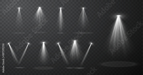 Set of realistic blue spotlight beams isolated on transparent vector background, stage lighting effects with glow and light rays for concert, show, presentation, cinema, event design composition.