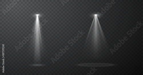 Set of realistic blue spotlight beams isolated on transparent vector background, stage lighting effects with glow and light rays for concert, show, presentation, cinema, event design composition.
