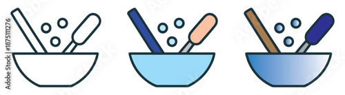 Three distinct styles of mortar and pestle icons showcasing mixing ingredients or chemical compounds
