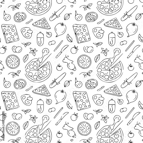 pizza line vector seamless pattern with cooking ingredients utensil