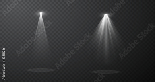 Set of realistic blue spotlight beams isolated on transparent vector background, stage lighting effects with glow and light rays for concert, show, presentation, cinema, event design composition.