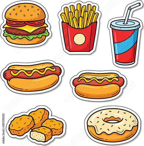 Hand Drawn Fast Food Sticker Icons Set with Burger, French Fries, Hot Dog, Chicken Nuggets and Glazed Donut