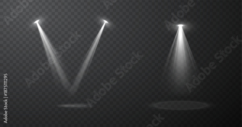 Set of realistic blue spotlight beams isolated on transparent vector background, stage lighting effects with glow and light rays for concert, show, presentation, cinema, event design composition.