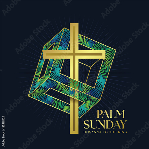 Palm sunday - Gold cross in cube dimensional lines with green palm leaves texture on dark blue background vector design