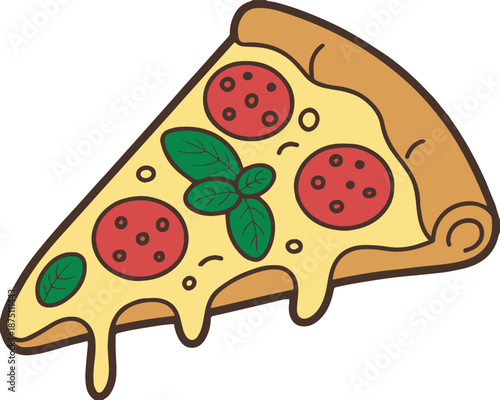 pizza slice vector illustration with basil and cheese