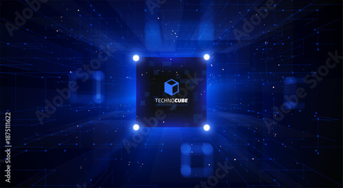 Abstract geometric background of big data space, with grid of square shapes and glowing connection dots. Network infrastructure, data centers, cloud storage mapping, digital communication frameworks