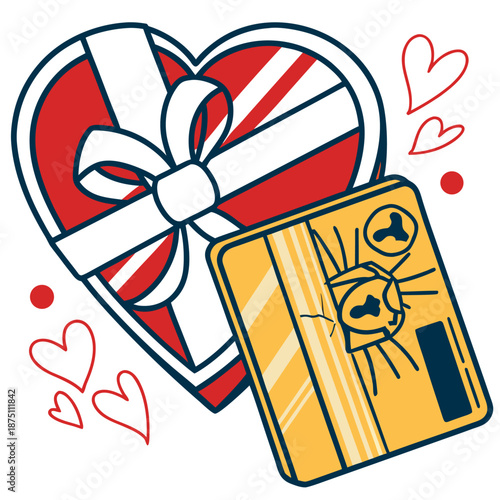 Concept illustrating the danger of online romance scams involving a heart shaped gift box and a damaged credit card showing a bug