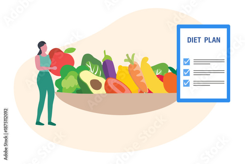 Healthy diet plan, woman eat healthy food and planning diet with fruit and vegetable vector	
