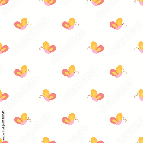 Cute Butterfly Seamless Pattern Vector, Minimalist Children's Style on White Background, Spring Insect Print for Nursery and Kids Textile