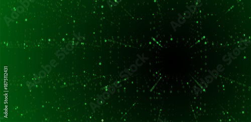 Futuristic green digital matrix space with binary code streams and glowing horizon line, symbolizing data transfer, cybersecurity, virtual networks, artificial intelligence vector background