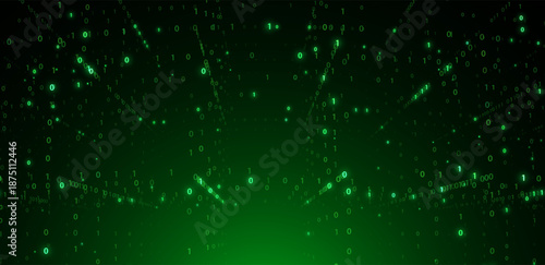 Futuristic green digital matrix space with binary code streams and glowing horizon line, symbolizing data transfer, cybersecurity, virtual networks, artificial intelligence vector background