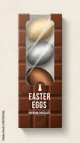 Easter eggs packaged in a box with chocolate and metal foil wrappers on a white background