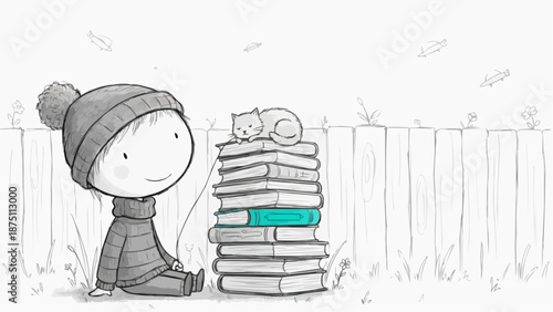A child is sitting and enjoying a stack of books with a cat on top. A heartwarming scene of reading and friendship.