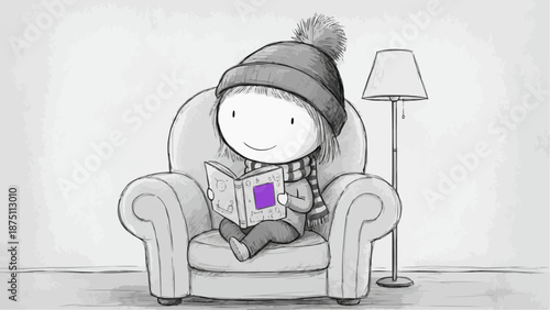 A child immersed in a book while sitting comfortably in a cozy chair, with a lamp lighting the scene