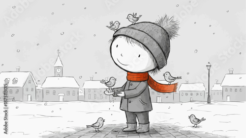 A heartwarming illustration depicts a young child in a winter scene, interacting with several adorable birds