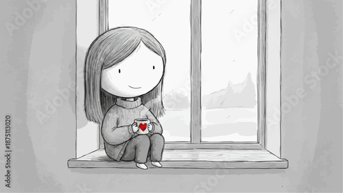 A serene illustration depicts a person cozily sitting by a window, holding a cup with a heart on it, gazing contentedly