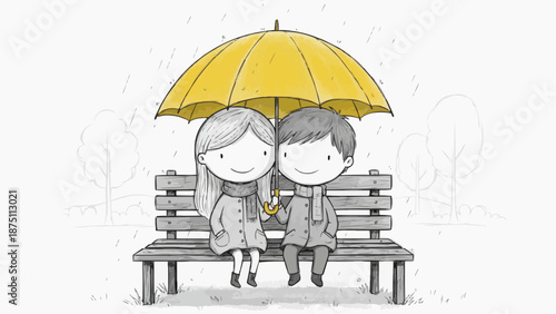 A heartwarming illustration of a couple sitting on a bench, sheltering under an umbrella during the rain