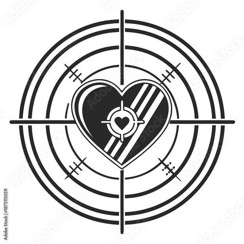 Black and white vector graphic illustration of a stylized heart symbol perfectly centered within a firearm scope crosshair for targeting love or emotion.